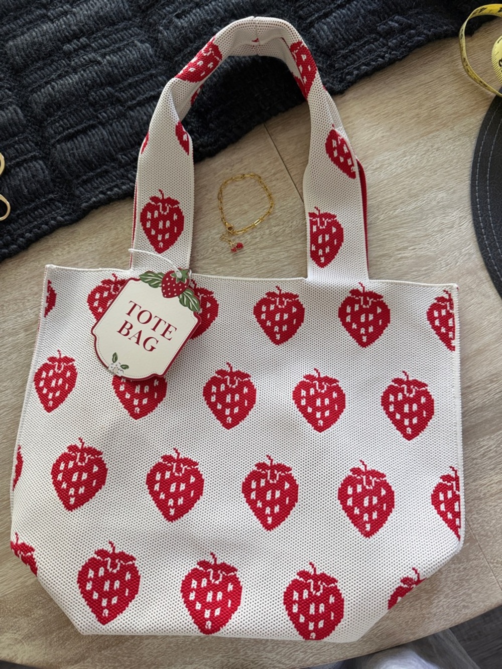 Strawberry Print Tote Bag & Bracelet Lot